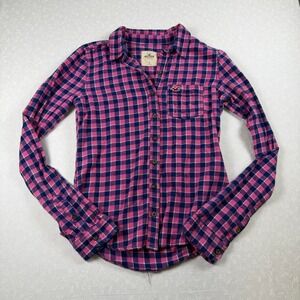 Hollister Pink & Navy Plaid Flannel Button-Up • Size Small